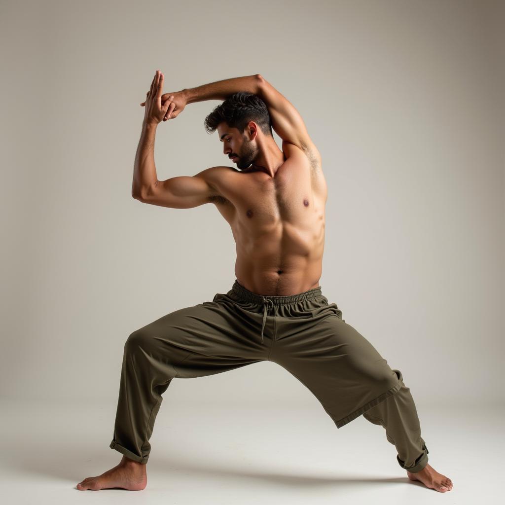 Man in a nude warrior yoga pose, demonstrating strength and vulnerability