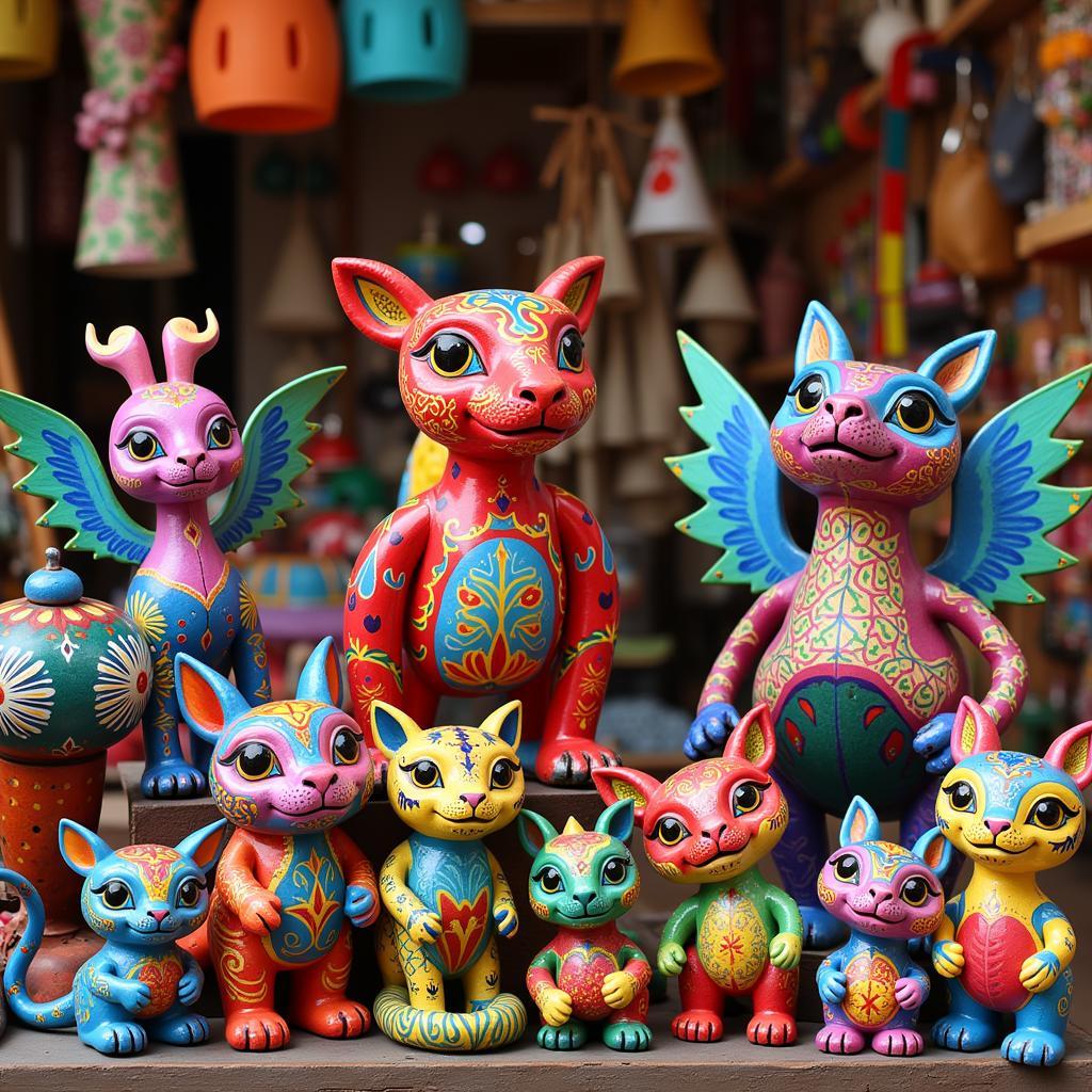 Colorful alebrijes displayed in a market