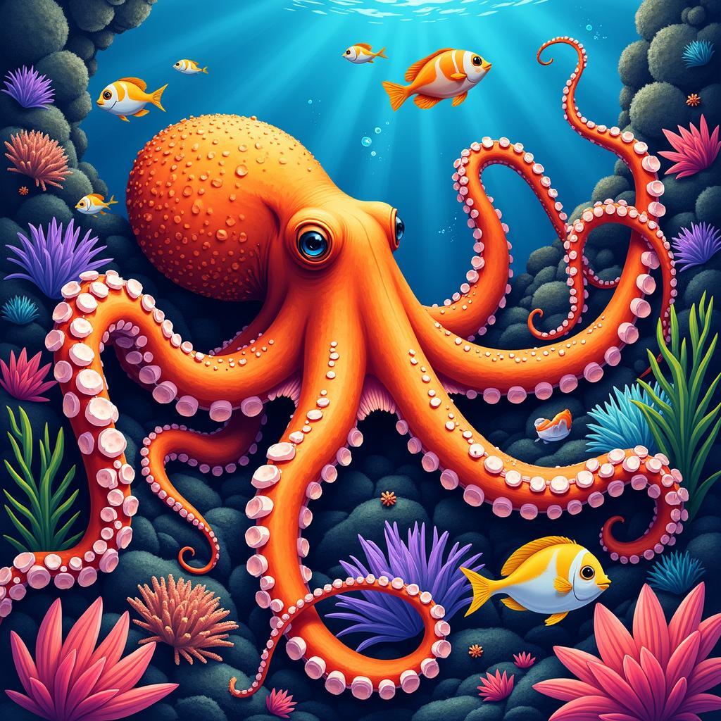 Octopus Art Print: Vibrant Coral Reef Scene