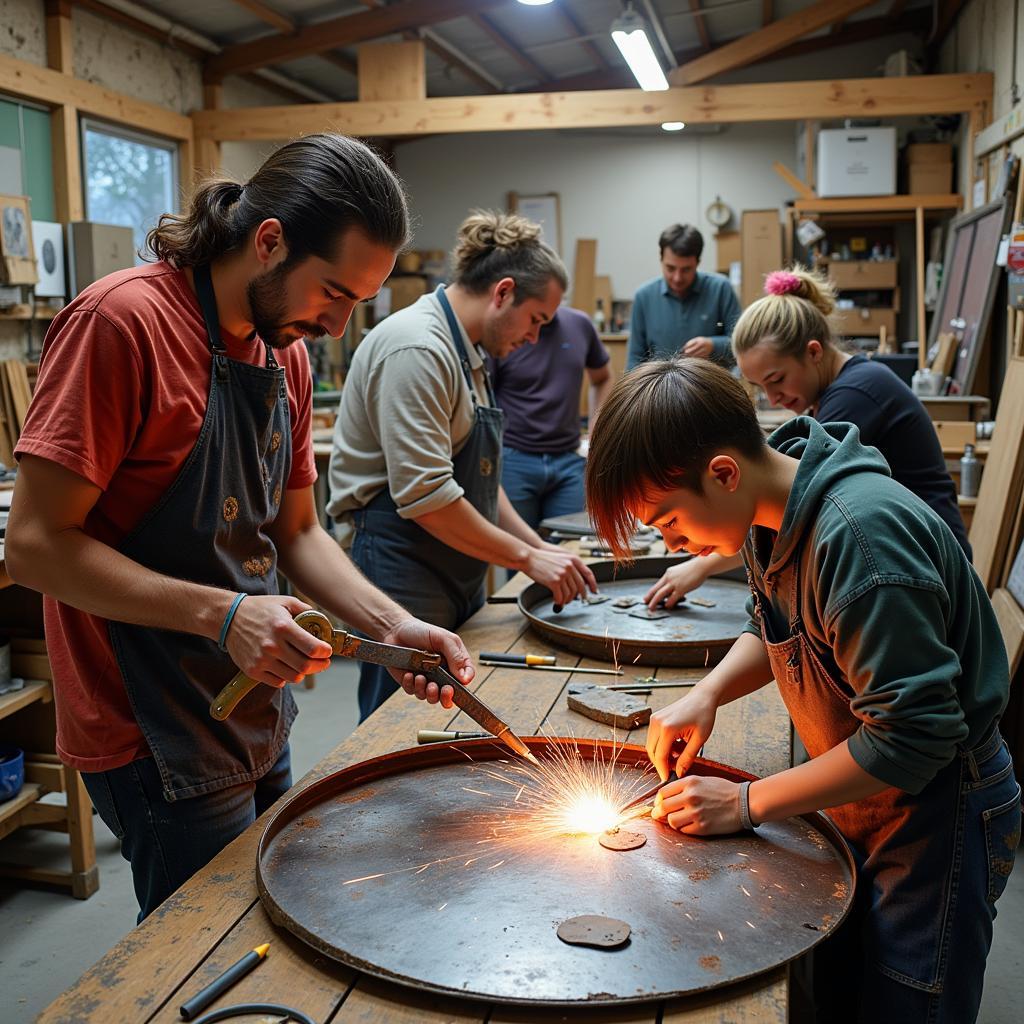 Artists Participating in an Oil Drum Art Workshop