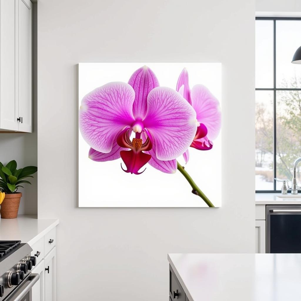 Orchid canvas print in a vibrant kitchen