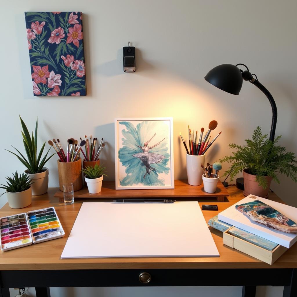 An organized art studio desk setup for enhanced productivity and creative flow.