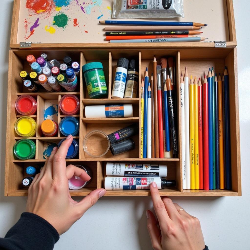 Neatly Organized Art Supplies Inside an Art Organizer Box