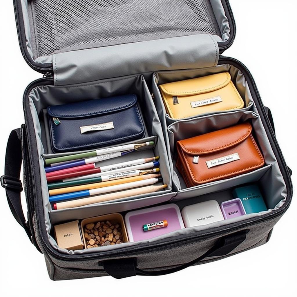 An organized art supply bag with various compartments and pouches for different art materials.