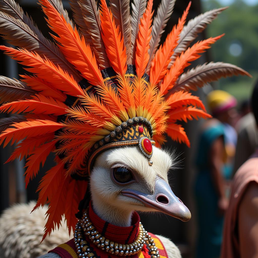 Colorful ostrich feather headdress used in traditional ceremonies.