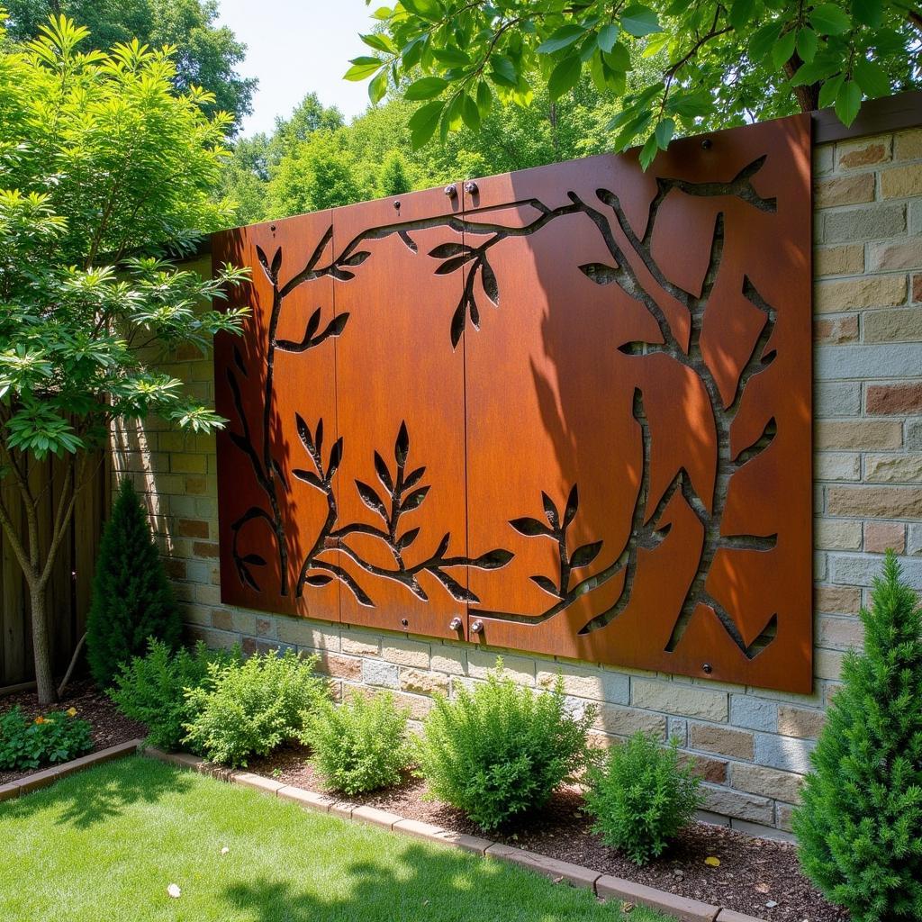 Outdoor Corten Steel Wall Art in a Garden