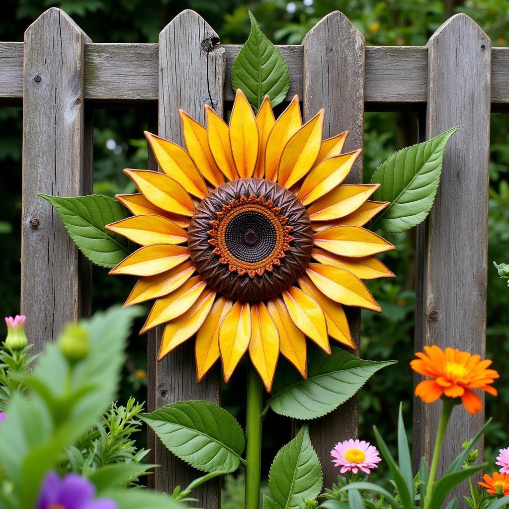 Outdoor Metal Sunflower Wall Art in a Rustic Garden Setting