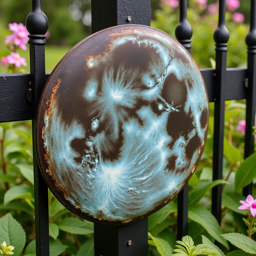 Outdoor Metal Wall Art Moon in a Garden Setting