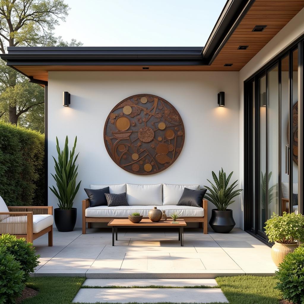 Modern metal wall art enhances a patio space