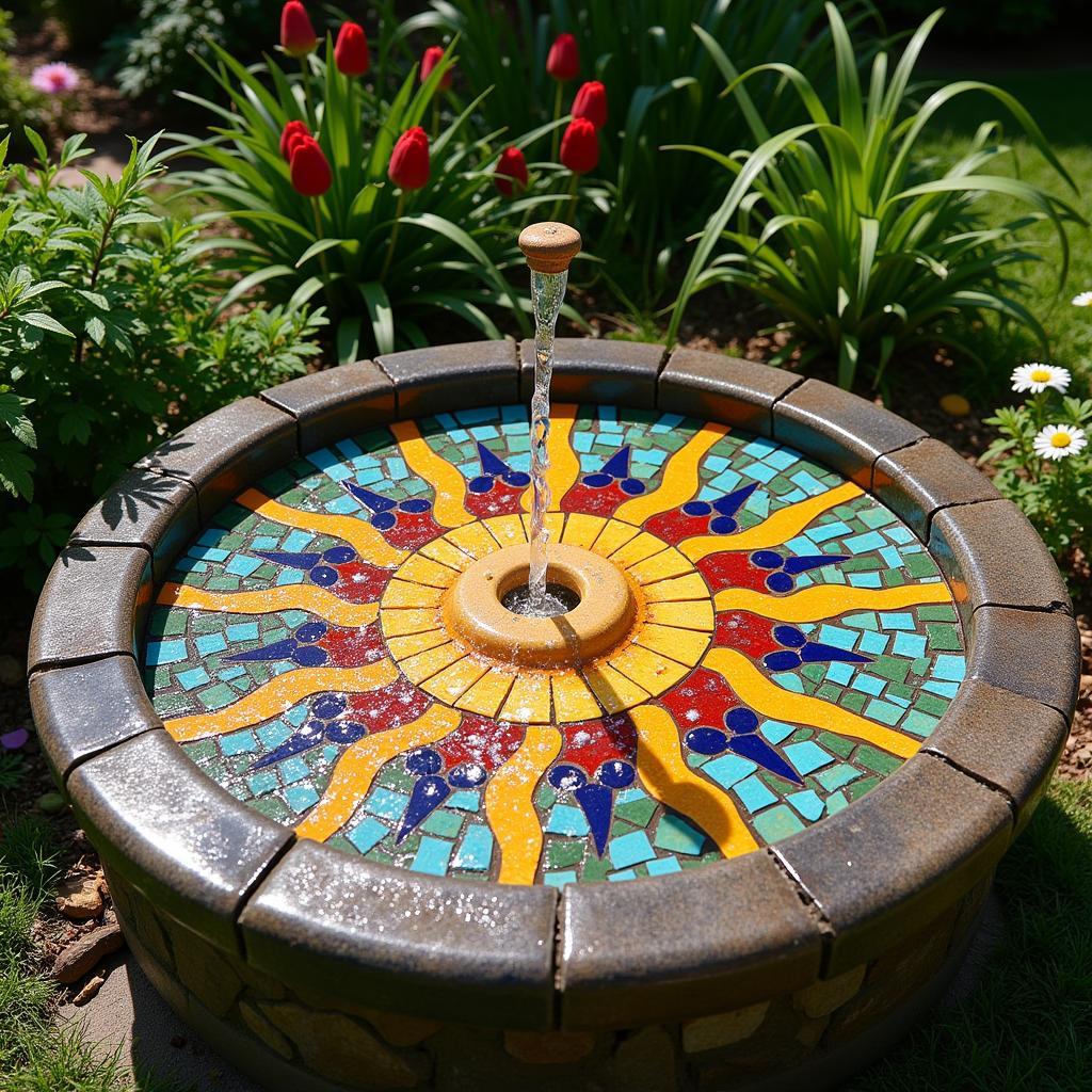 Outdoor mosaic sun fountain with water cascading over vibrant tiles