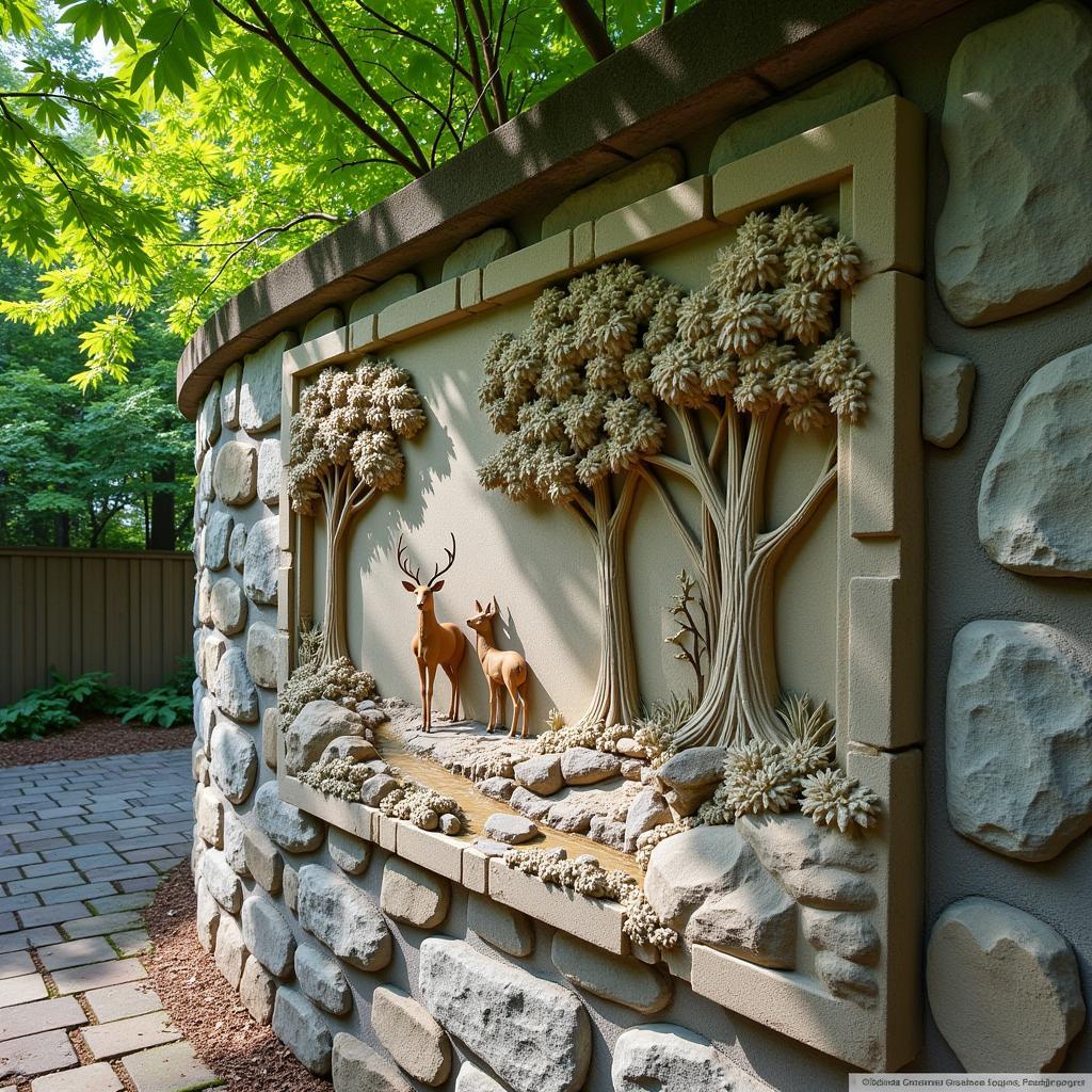 Outdoor Stone Wall Art: Relief Carving of a Woodland Scene