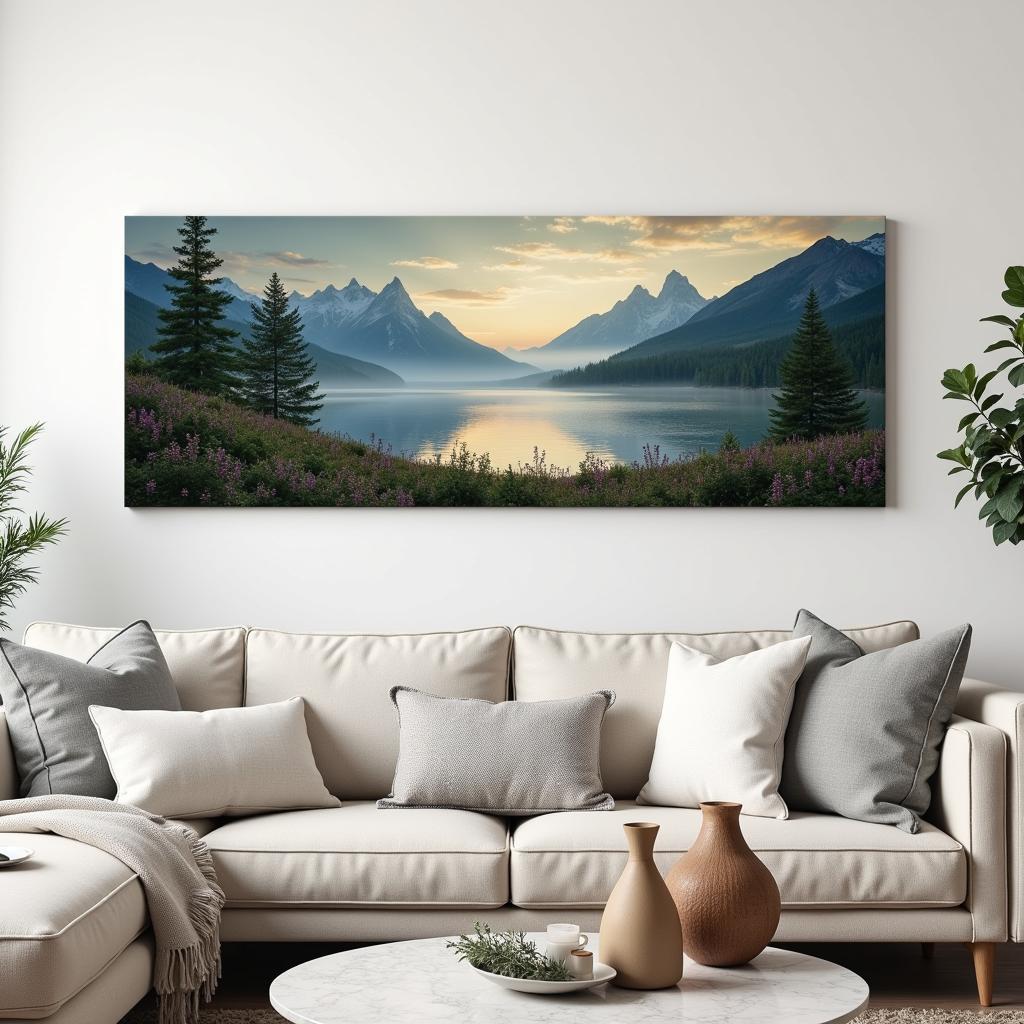 Oversized horizontal landscape photography above a sofa