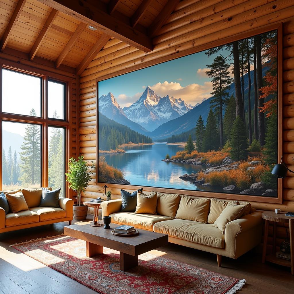 Oversized landscape painting serving as a statement piece in a cabin living room.