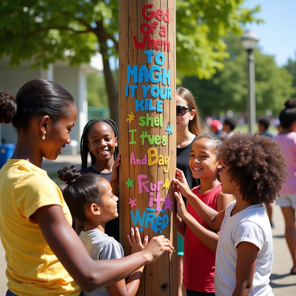 Community members painting a peace art pole together