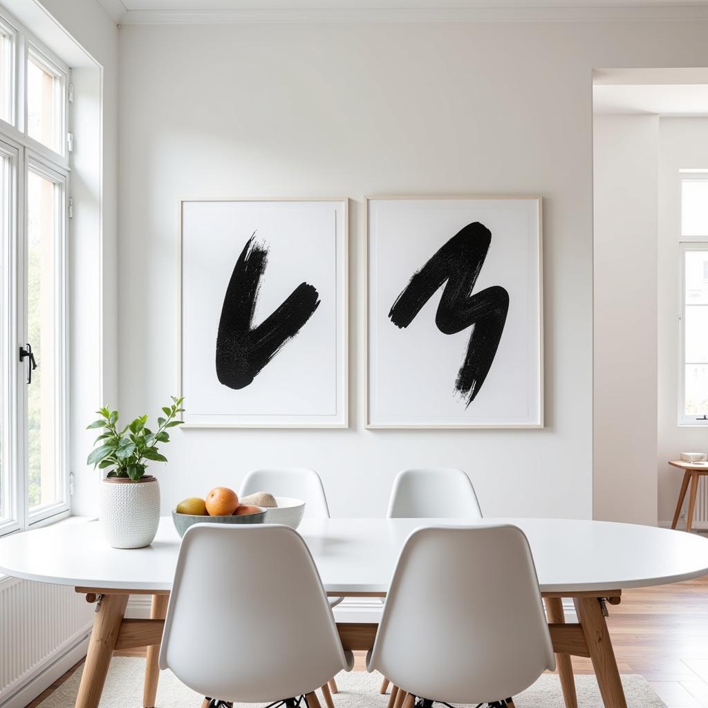 A pair of abstract prints hanging in a dining room