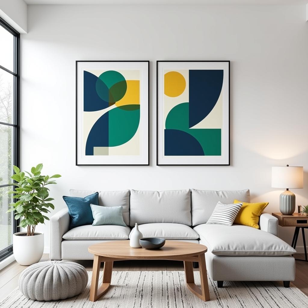 Pair of art prints hanging above a sofa in a living room