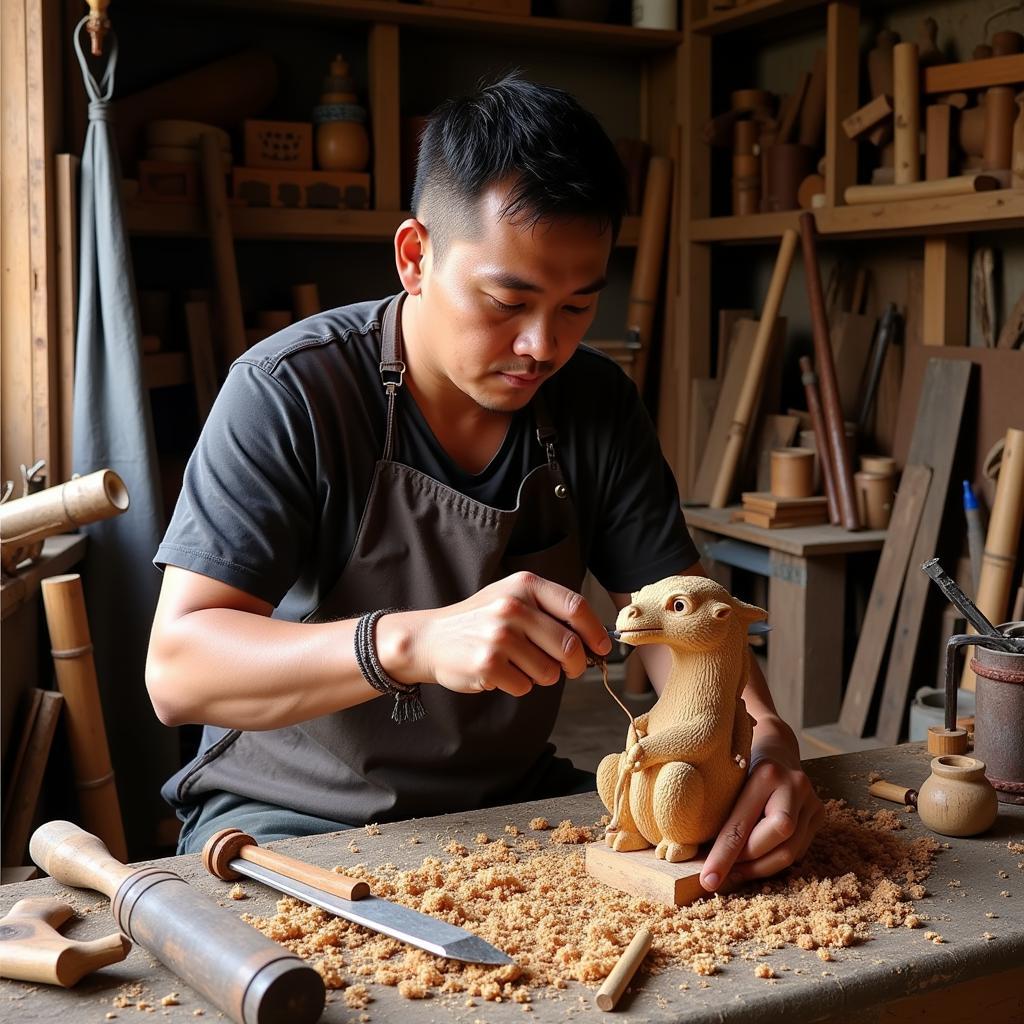 Palaw'an artisan carving intricate designs into a wooden sculpture