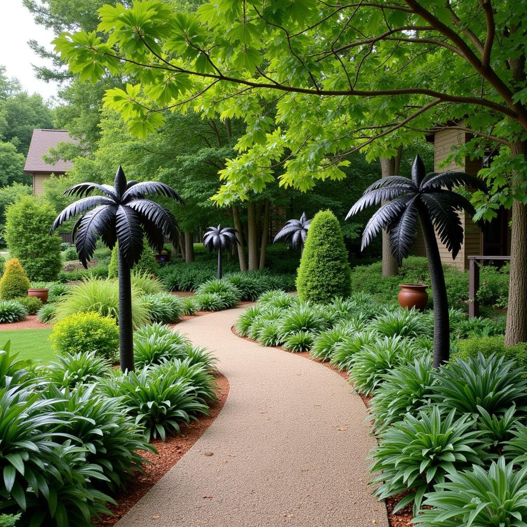 Metal Palm Tree Art Along a Garden Pathway