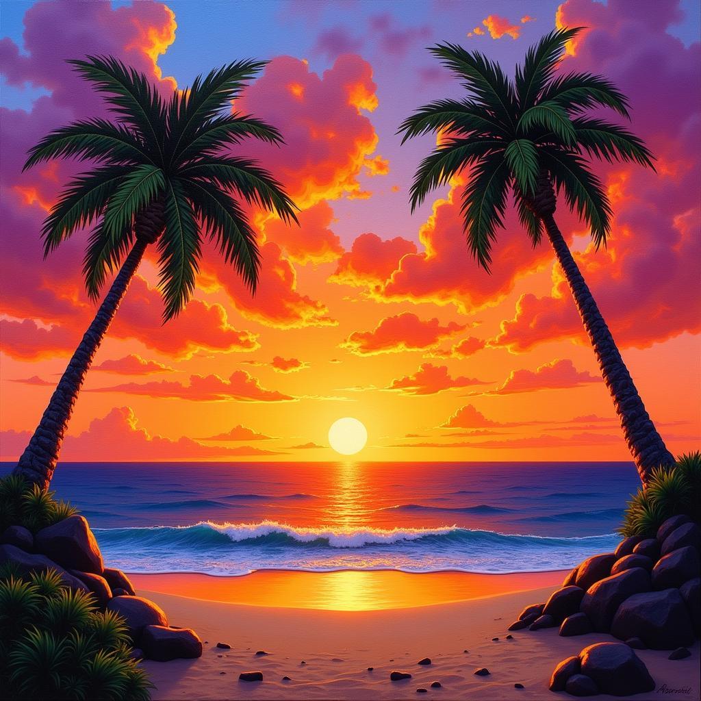 Palm Tree Oil Painting of a Tropical Beach Sunset