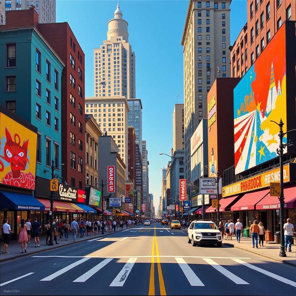 Patrick O'Keefe cityscape painting depicting a vibrant urban scene