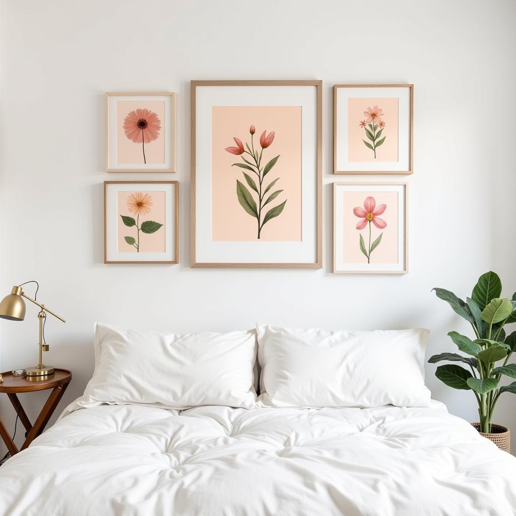 Peach Botanical Prints in Bedroom