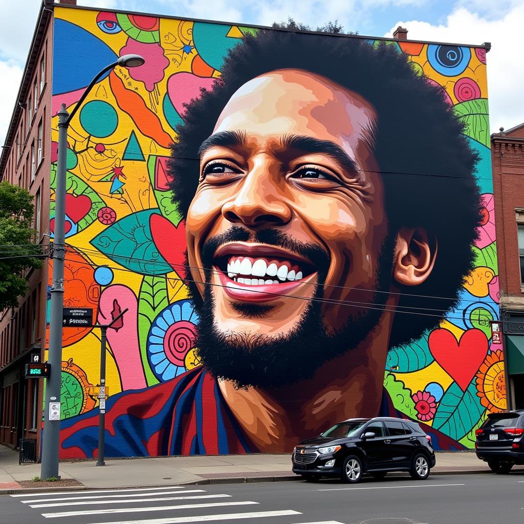 Street art mural depicting Pele, vibrant and colorful, celebrating his impact on Brazilian culture