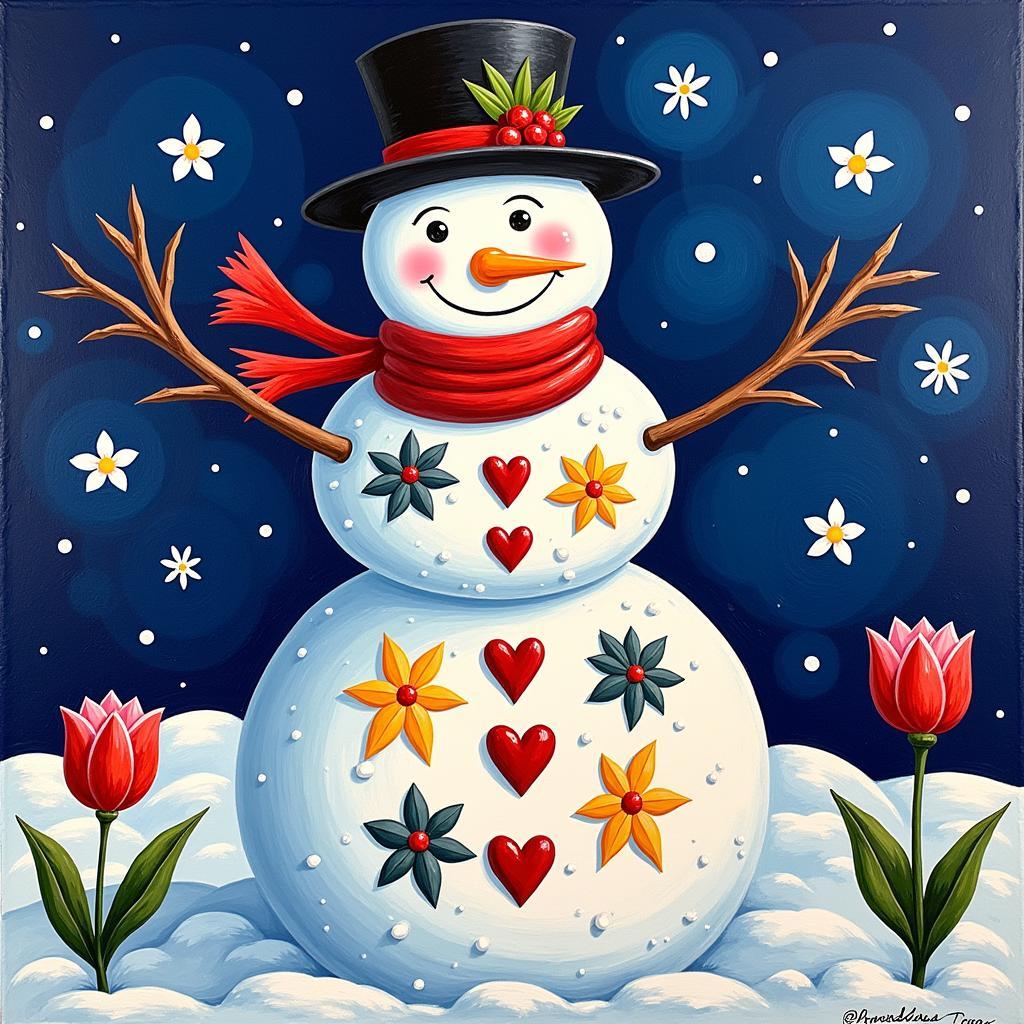 Pennsylvania German Style Snowman Folk Art Painting