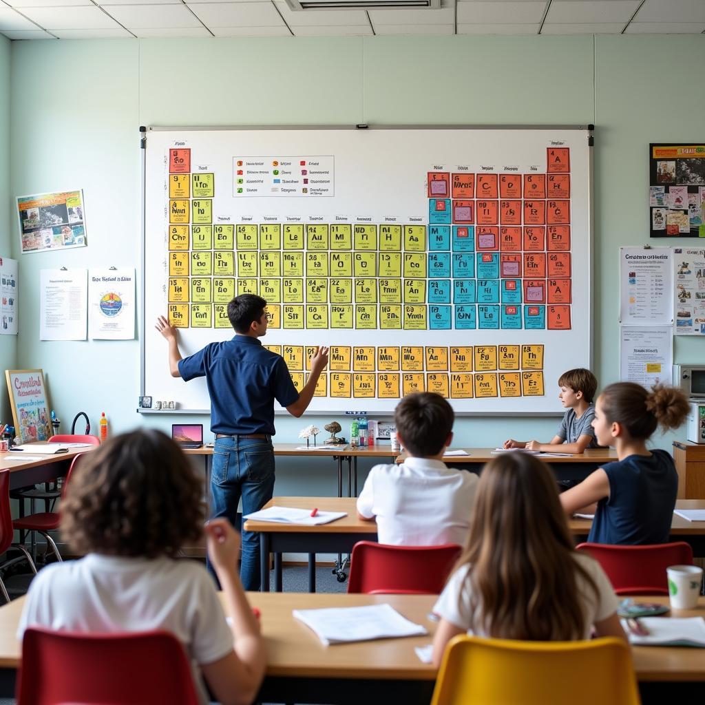 A classroom with a periodic table of elements wall art used as a teaching aid