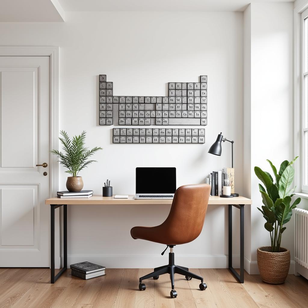 A home office with a periodic table of elements wall art