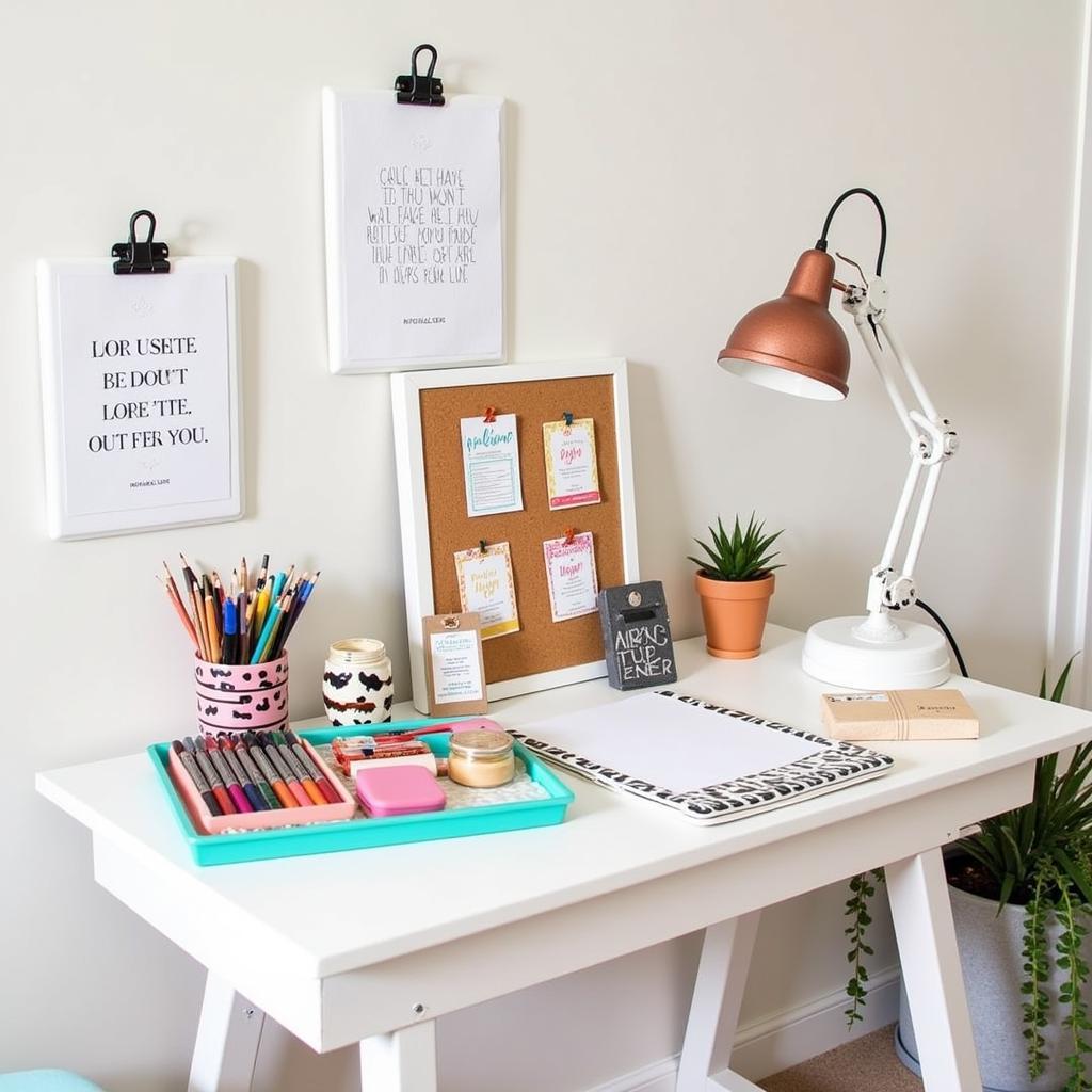 A personalized white art table with a customized arrangement of art supplies, inspirational quotes, and a small plant, reflecting the artist's individual style.