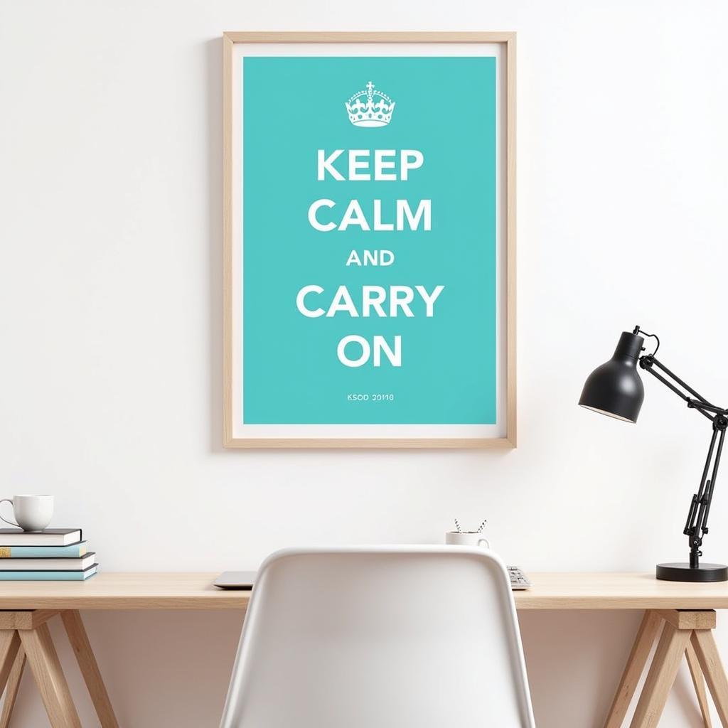 Personalized "Keep Calm and Carry On" print in a home office setting