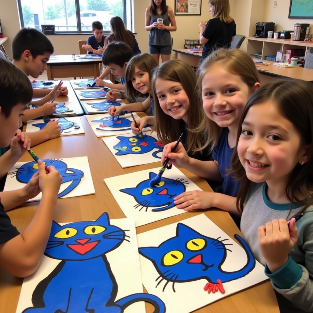 Kids painting a Pete the Cat inspired artwork