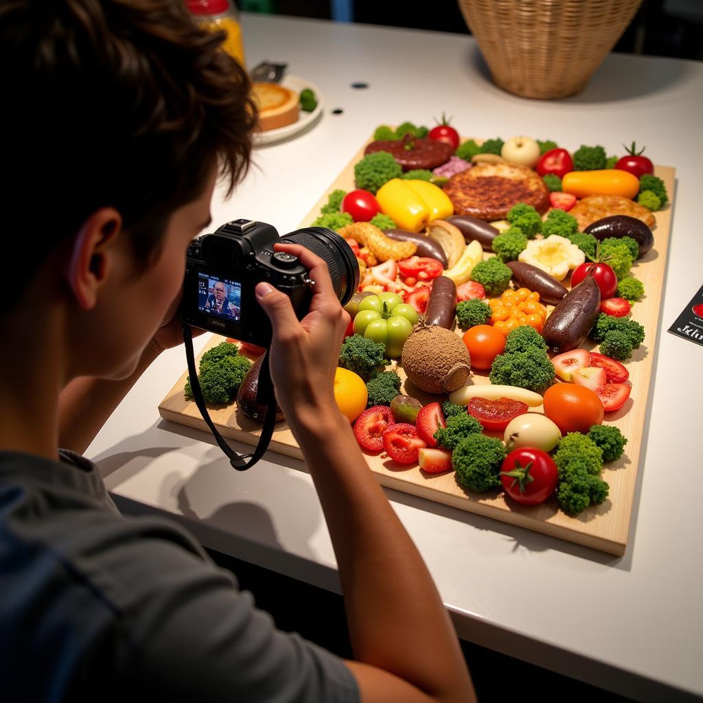 A person taking a photograph of a finished food art collage.