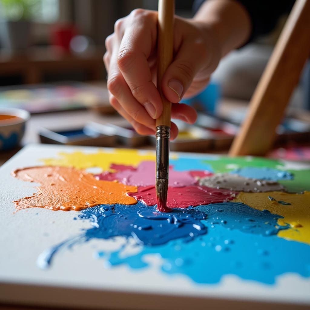 Painter applying brushstrokes to a canvas