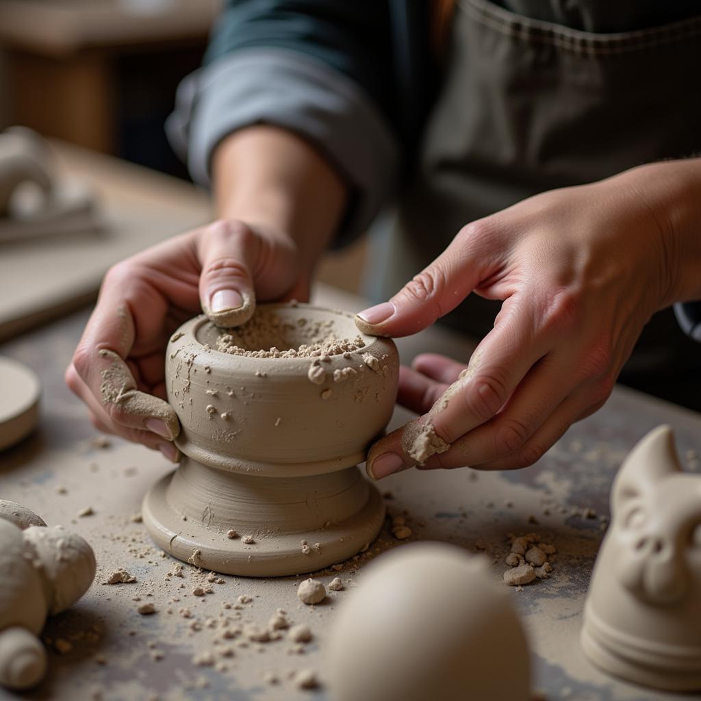 Sculptor's hands shaping clay