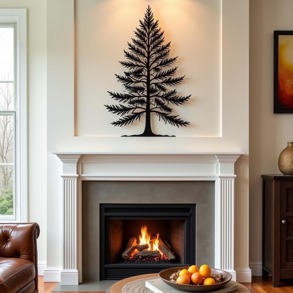 Pine tree metal wall art displayed above a fireplace in a cozy living room