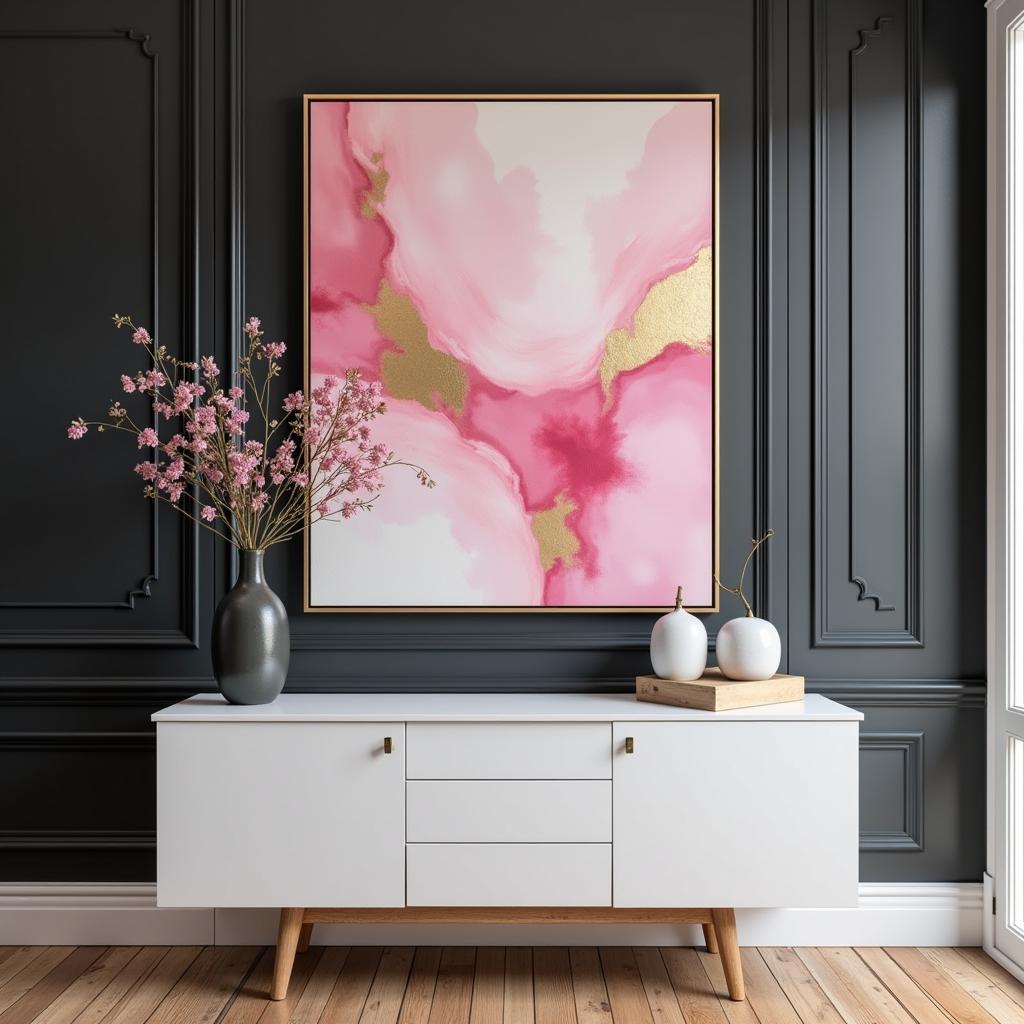 Pink and Gold Wall Art in Dining Room