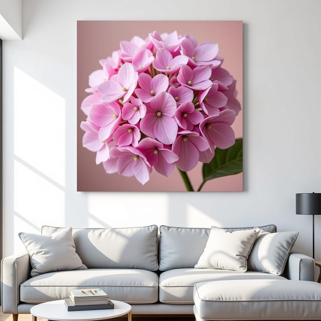 Pink Hydrangea Canvas Print in a Living Room