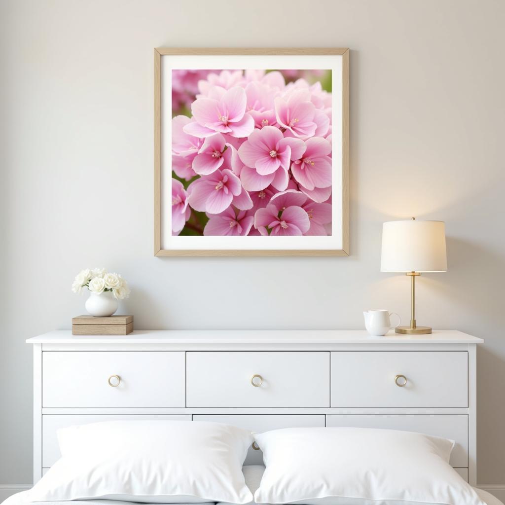 Pink Hydrangea Framed Print in a Bedroom