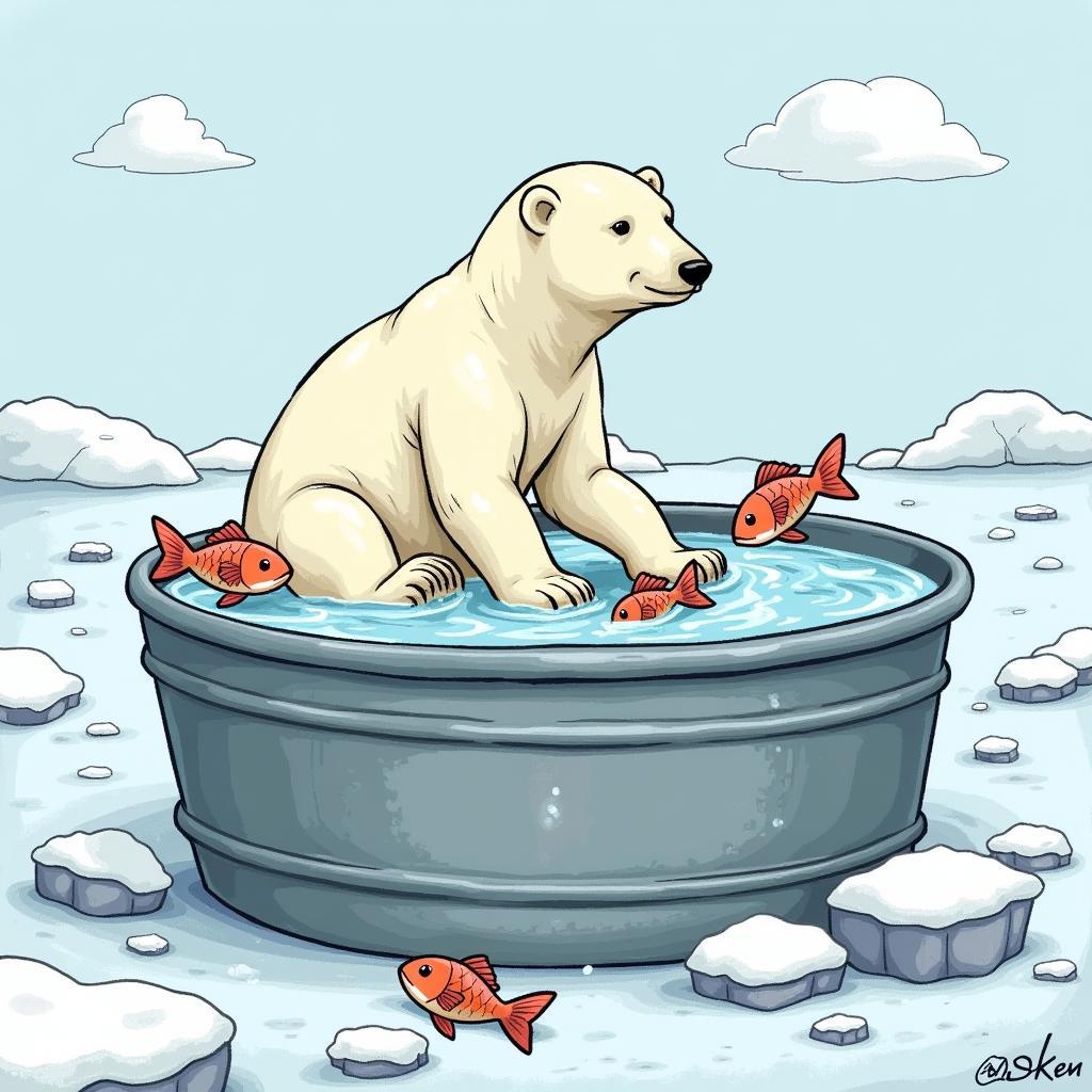 A polar bear enjoying an ice bath with fish.