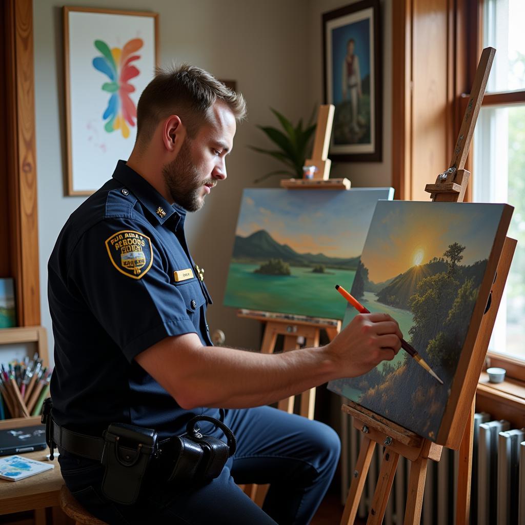 Police Officer Creating Art in Studio