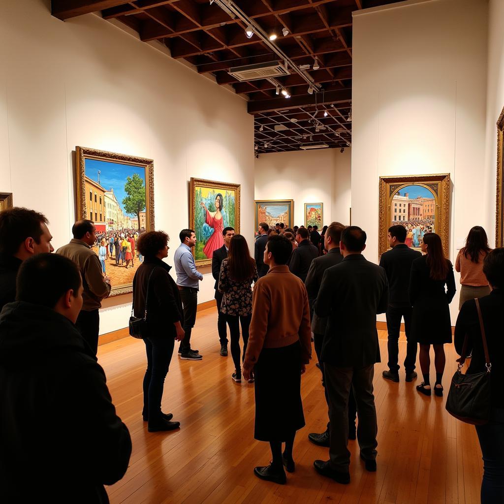 Visitors admiring Porfirio Salinas paintings in an art gallery.