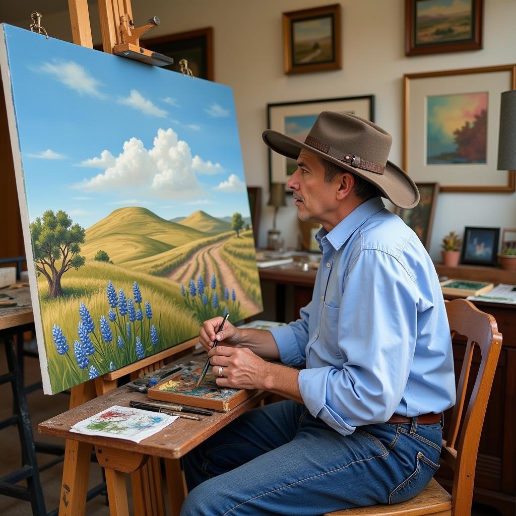 Porfirio Salinas painting a vibrant Texas landscape scene.