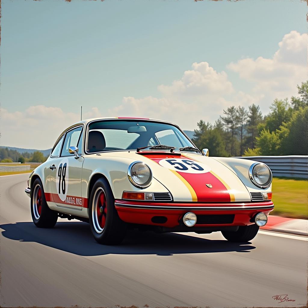 Oil painting of a Porsche 911 on canvas