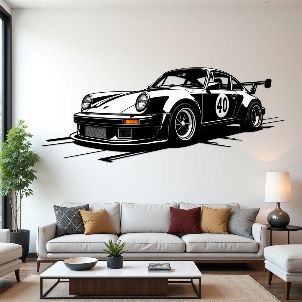 Porsche Metal Wall Art Installation in a Modern Living Room