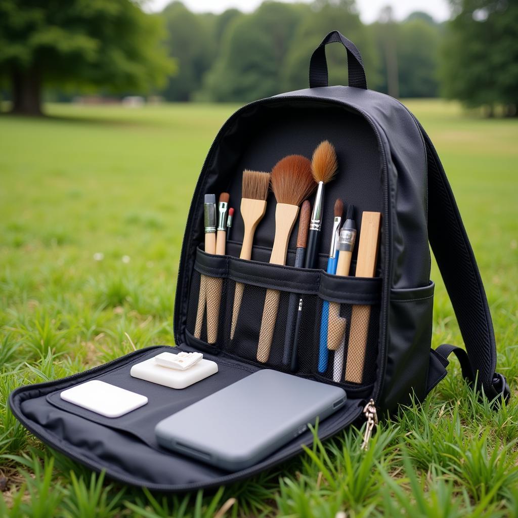 Portable art studio backpack essentials: paints, brushes, sketchbook, and palette.