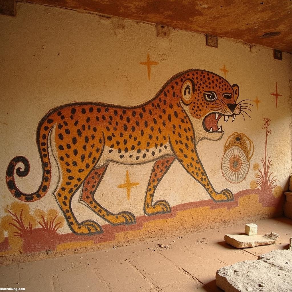 Prehistoric cave painting depicting a large feline hunting