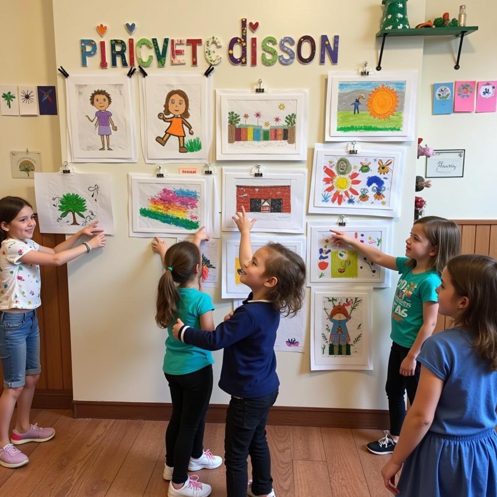 Preschoolers proudly displaying their artwork in the art center