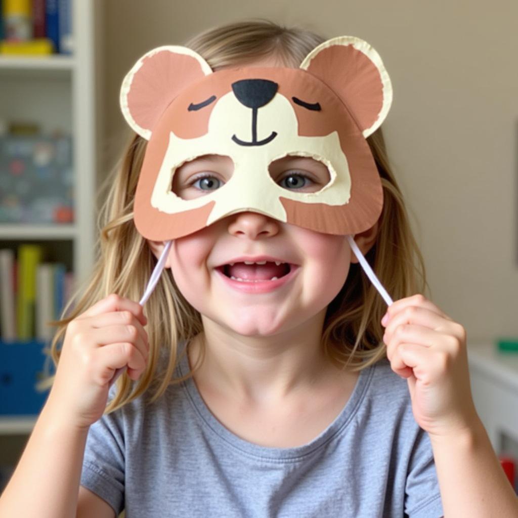 Preschooler wearing a bear mask made from a paper plate