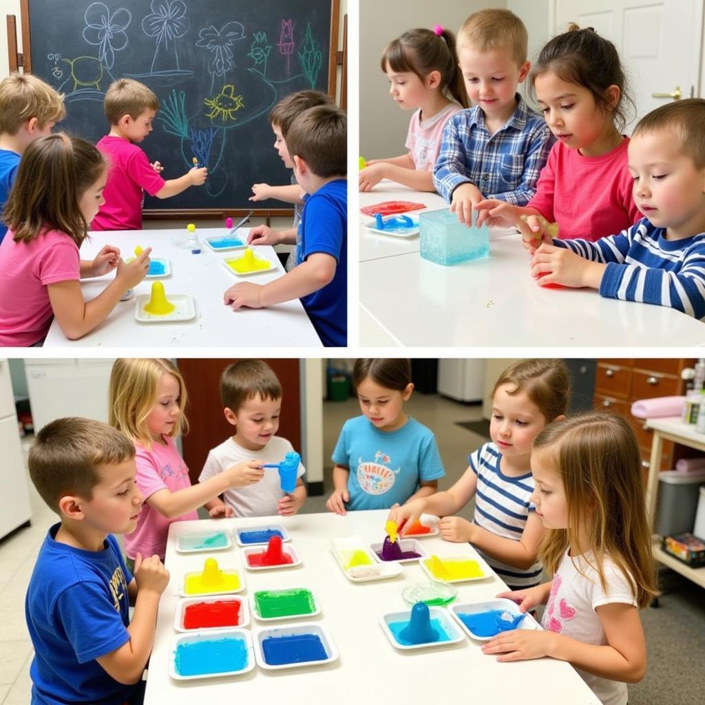 Preschool Water Art Activities: Children engaging in various water art projects, including painting with water on a chalkboard, creating colorful ice sculptures, and experimenting with watercolors.